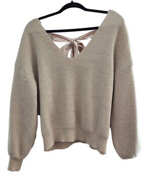 Womens L Cream Ribbed Knit Sweater Open Back Satin Bow Coquette Balloon Sleeves